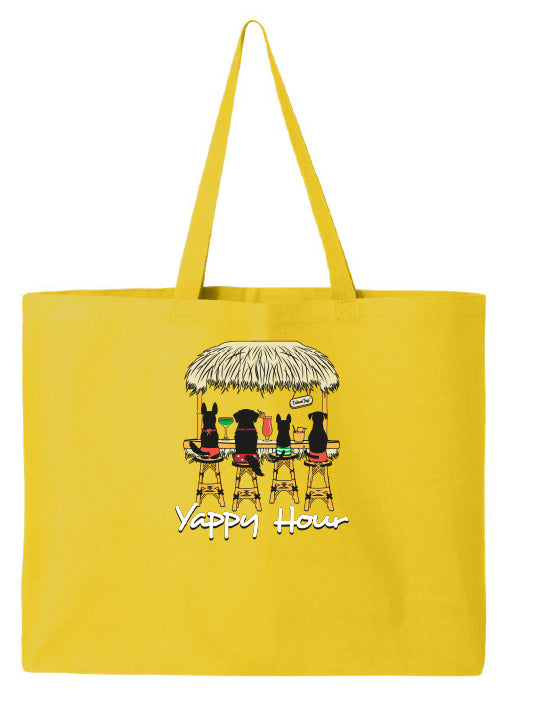 Yellow tote bag with a graphic of dogs at a bar and 'Yappy Hour' text on a white background