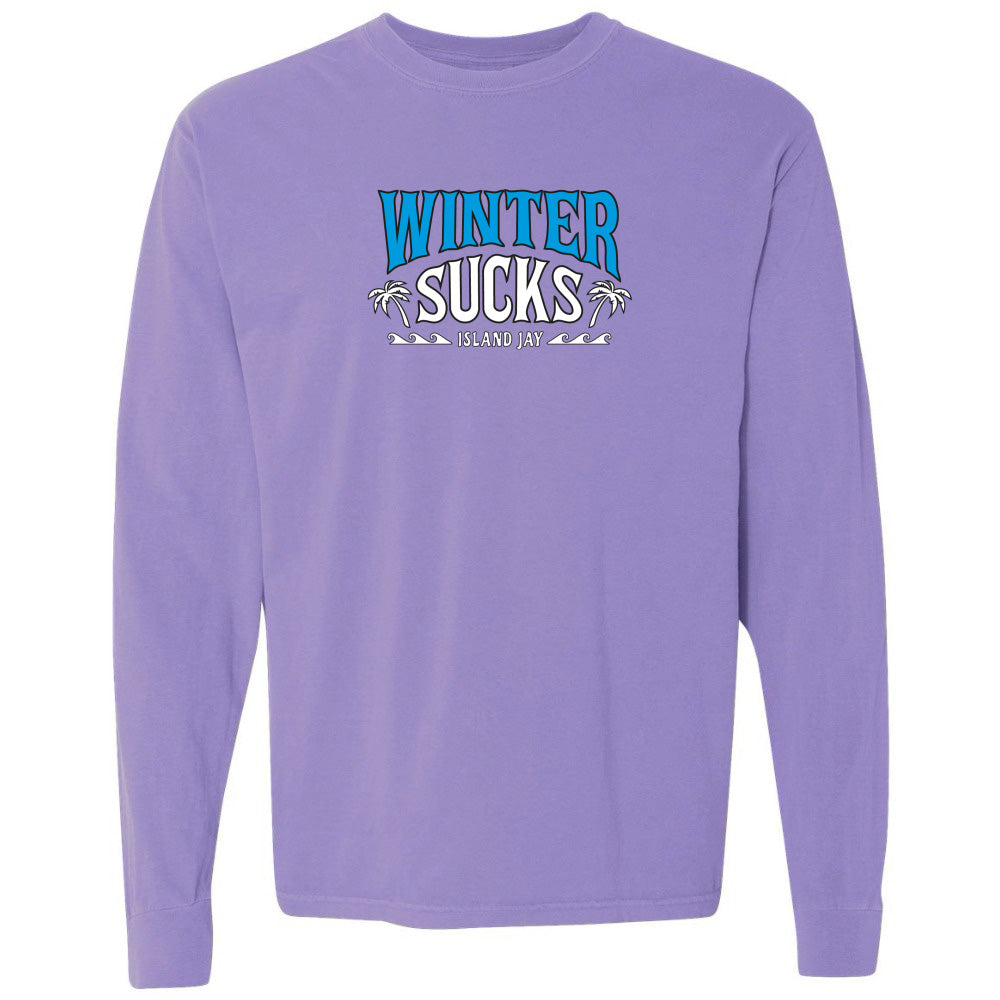 Purple long-sleeve shirt with 'Winter Sucks' text and palm tree graphics on a white background