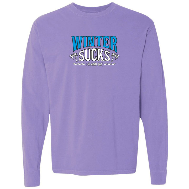 Purple long-sleeve shirt with 'Winter Sucks' text and palm tree graphics on a white background