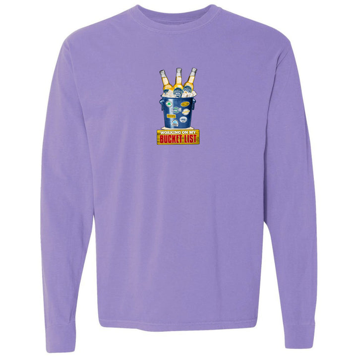 Purple long-sleeve shirt with a graphic design on a white background