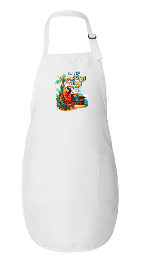 White apron with a cartoon character and text on a white background