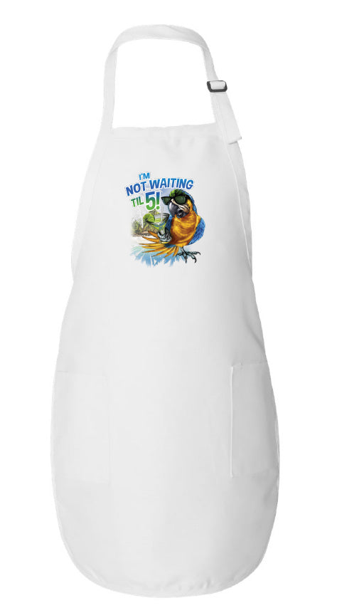 White apron with a colorful graphic and text on a white background
