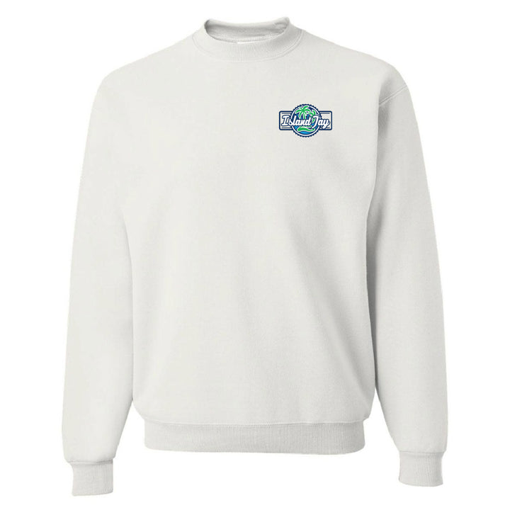 White sweatshirt with a logo on the chest against a white background