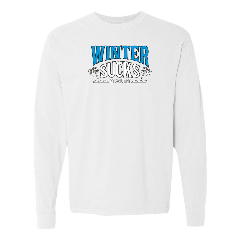 White long-sleeve shirt with 'Winter Sucks' text on a white background