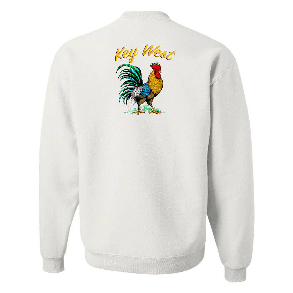 White sweatshirt with a colorful rooster graphic and 'Key West' text on the back.