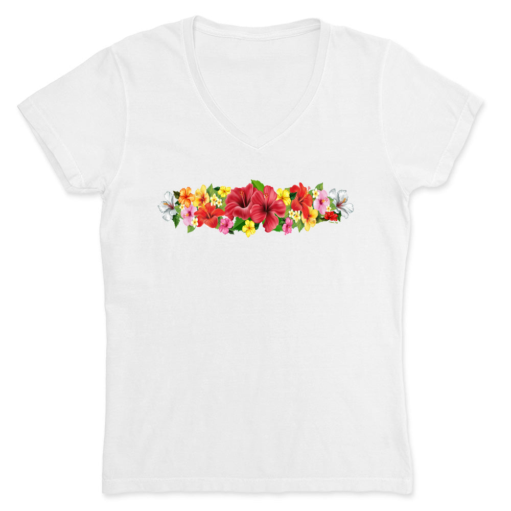 White t-shirt with colorful floral design on a white background