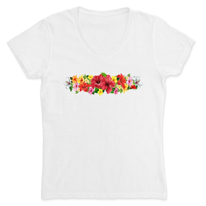 White t-shirt with colorful floral design on a white background