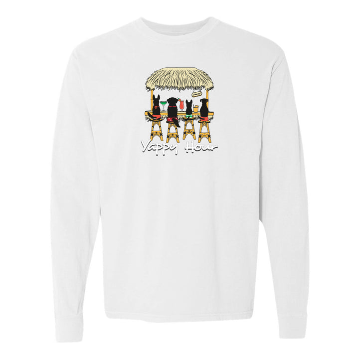 White sweatshirt with a graphic of three dogs at a bar and 'Happy Hour' text on a white background