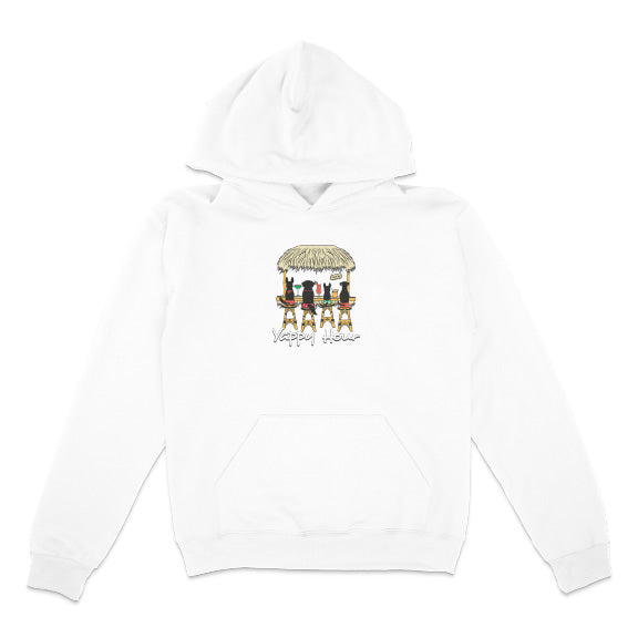 White hoodie with a graphic design of people around a hut on a white background