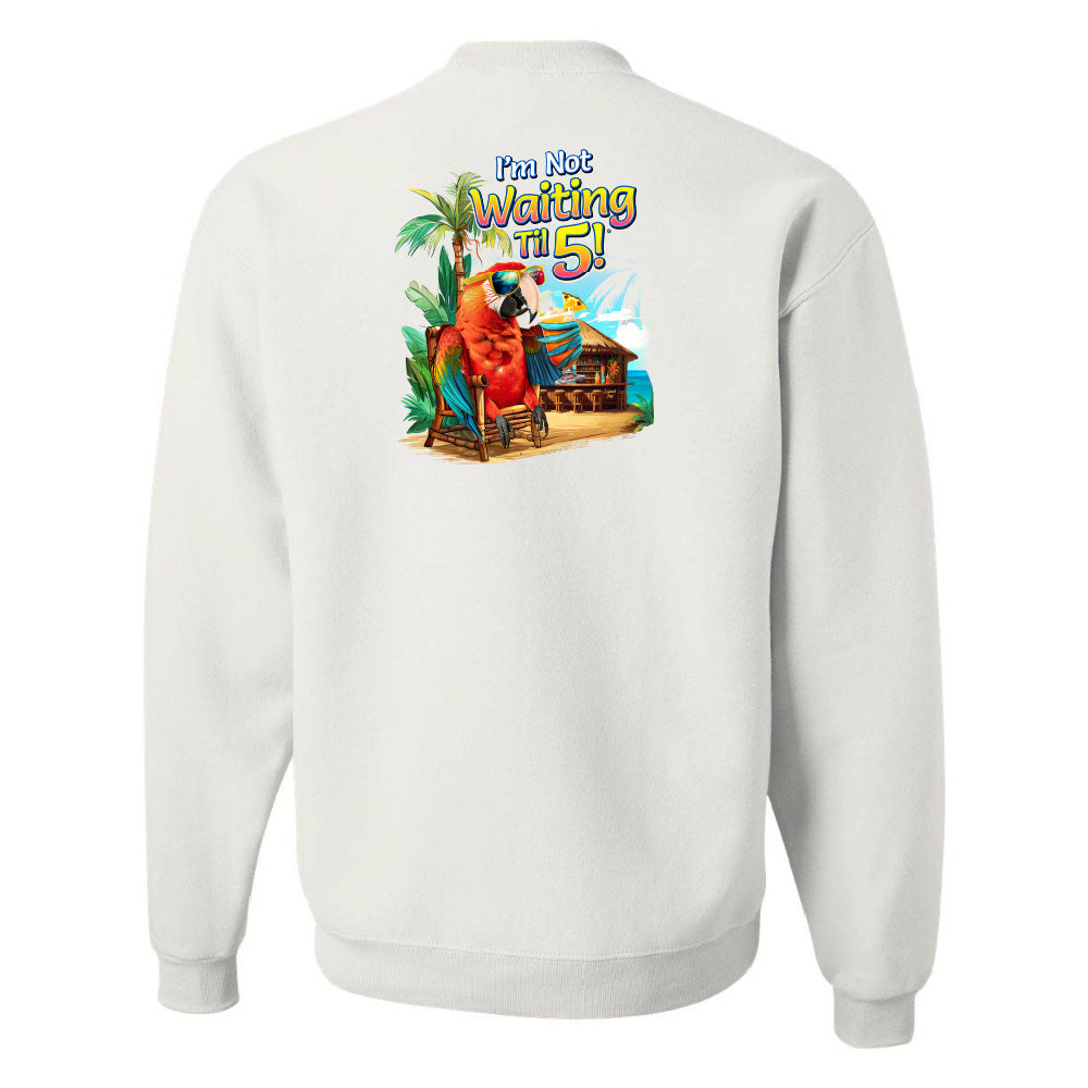 White sweatshirt with a colorful graphic and text on the back, on a white background
