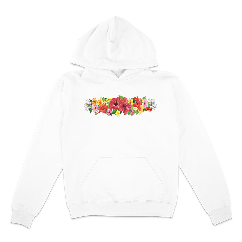 White hoodie with colorful floral design on a white background