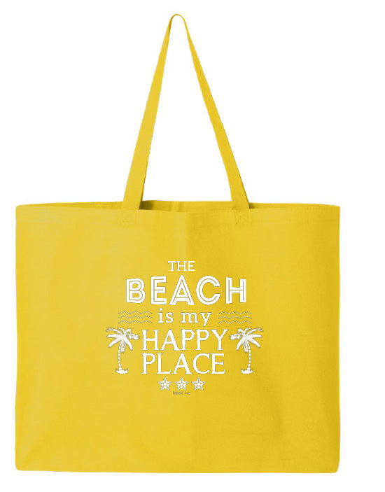 Yellow tote bag with 'The Beach is my Happy Place' text on a white background