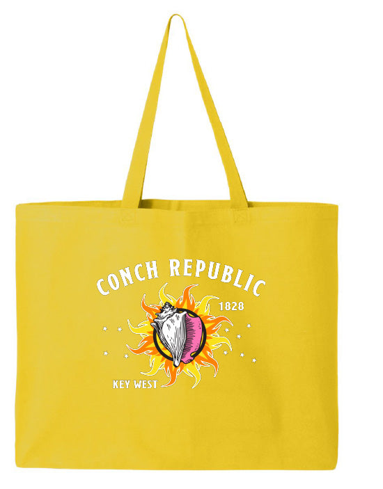 Yellow tote bag with 'Conch Republic' design featuring a sun and heart on a white background
