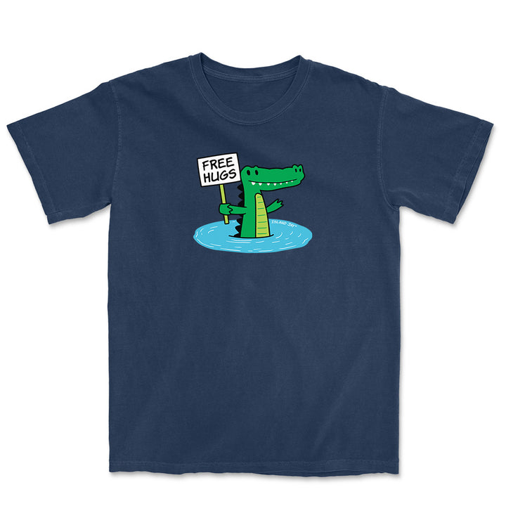 Navy T-shirt with alligator graphic and text reading "free hugs".