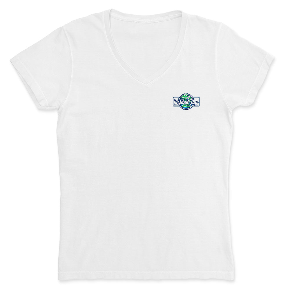 White t-shirt with the Island Jay Logo on the front left chest