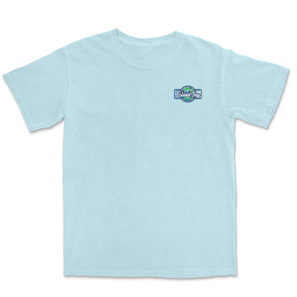 Chambray Light Blue t-shirt with the Island Jay logo on the front left chest