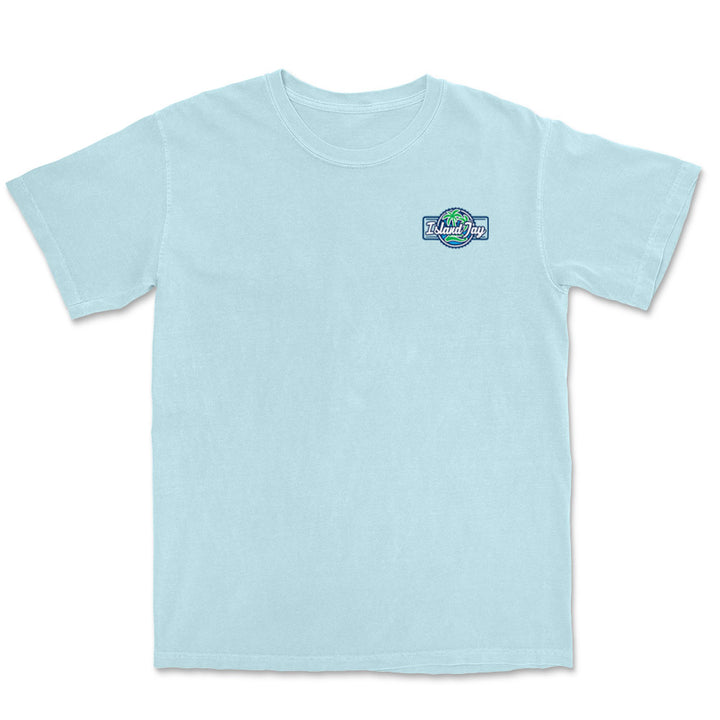 Chambray Light Blue t-shirt with the Island Jay logo on the front left chest