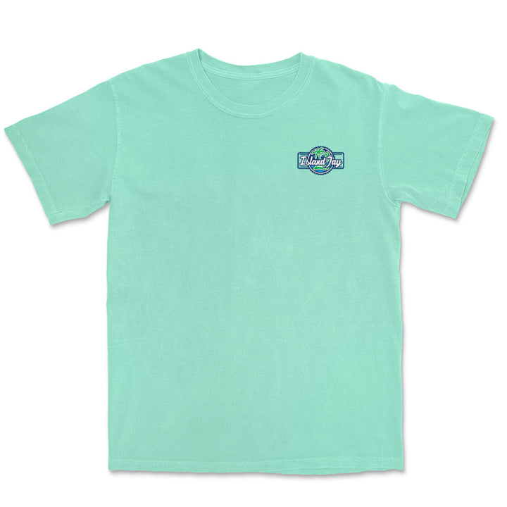 Reef Green t-shirt with the Island Jay logo on the front left chest