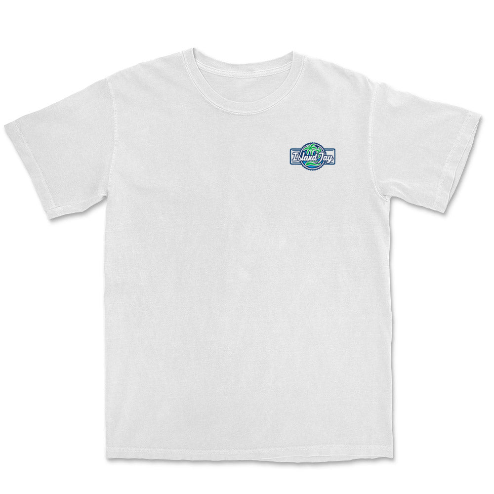 White t-shirt with the Island Jay logo on the front left chest