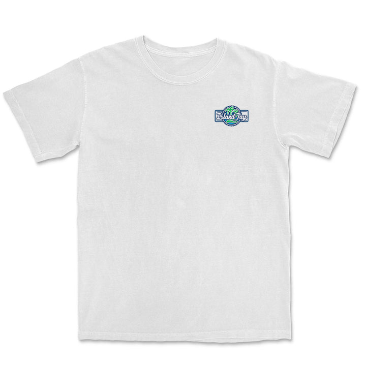 White t-shirt with the Island Jay logo on the front left chest