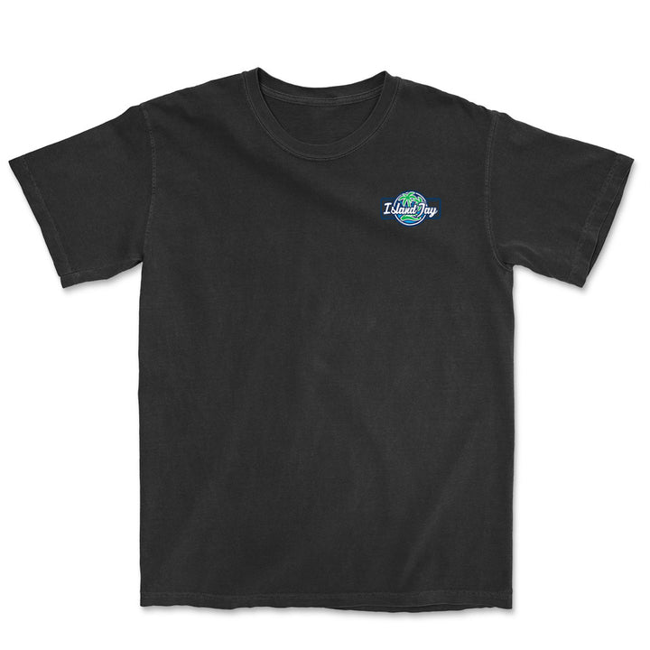Black t-shirt with the Island Jay logo on the front left chest