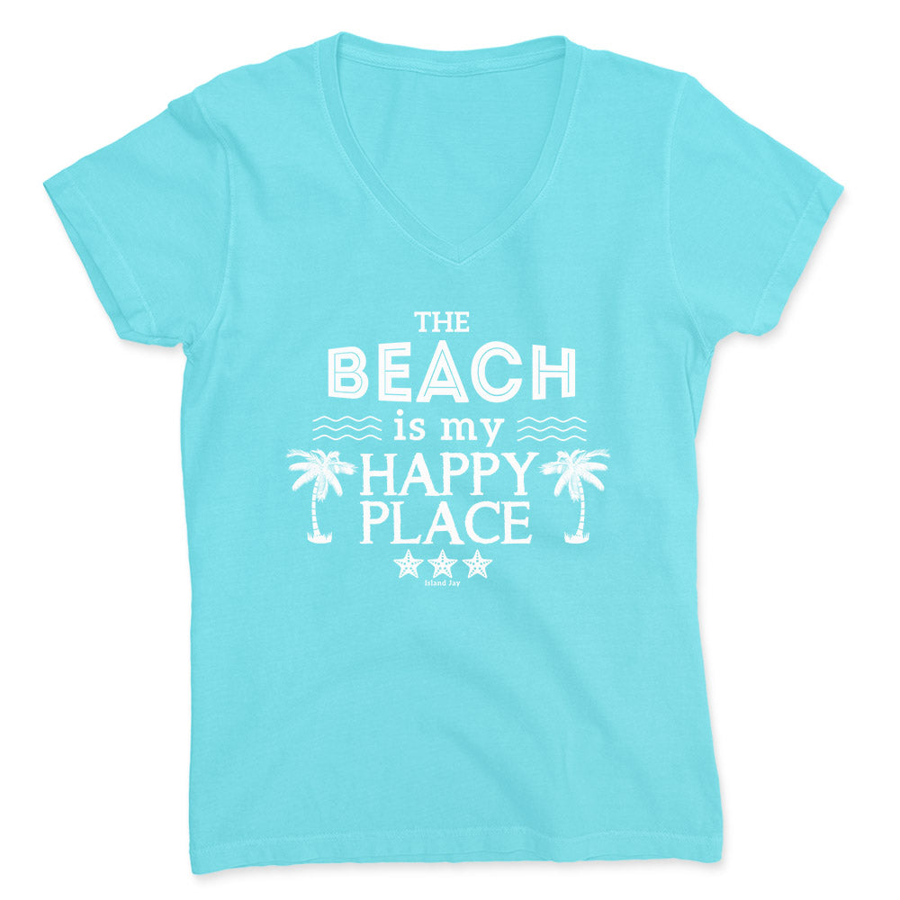 Aqua Blue V-Neck shirt with "The beach is my happy place" design on the front