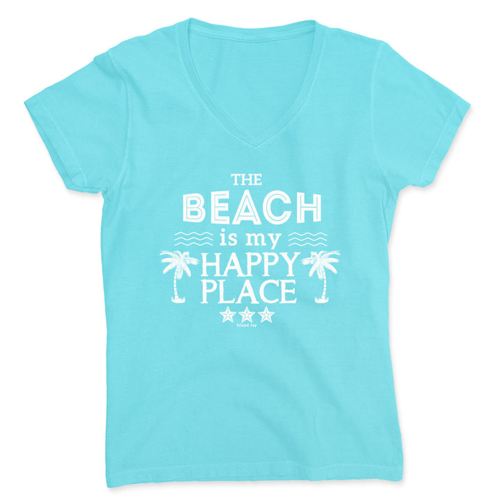 Aqua Blue V-Neck shirt with "The beach is my happy place" design on the front