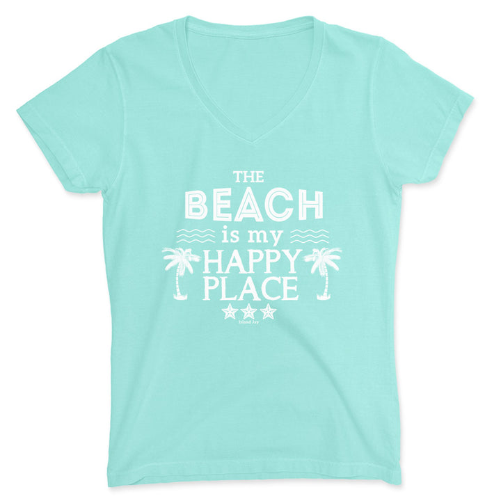 Chill green Blue V-Neck shirt with "The beach is my happy place" design on the front