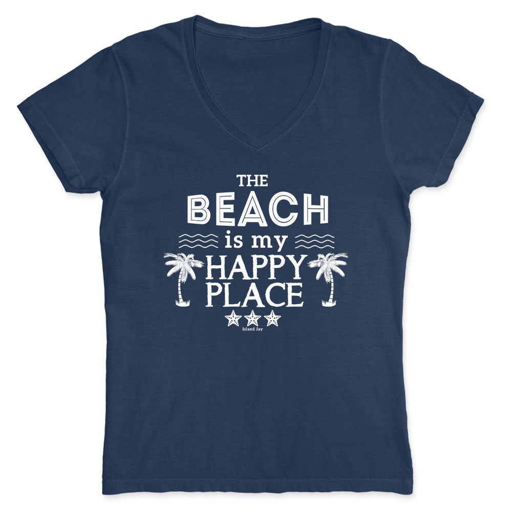 Navy Blue V-Neck shirt with "The beach is my happy place" design on the front