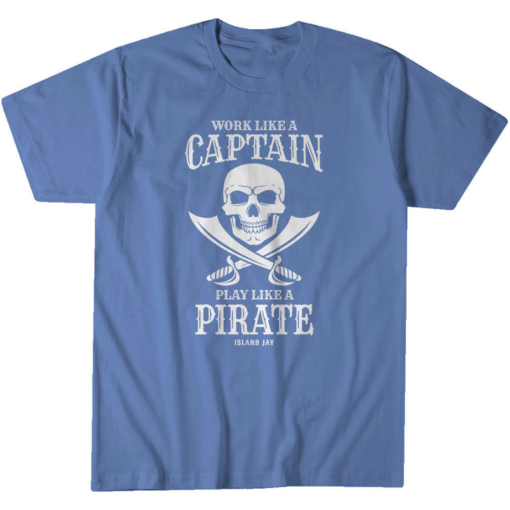 Work like a captain play like a pirate t-shirt in flo blue