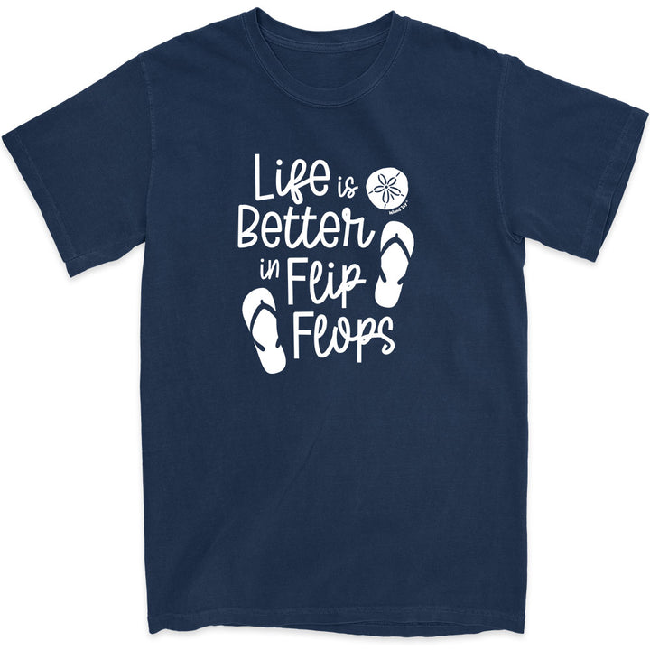 Navy blue t-shirt with 'Life is Better in Flip Flops' text and flip flop icons.
