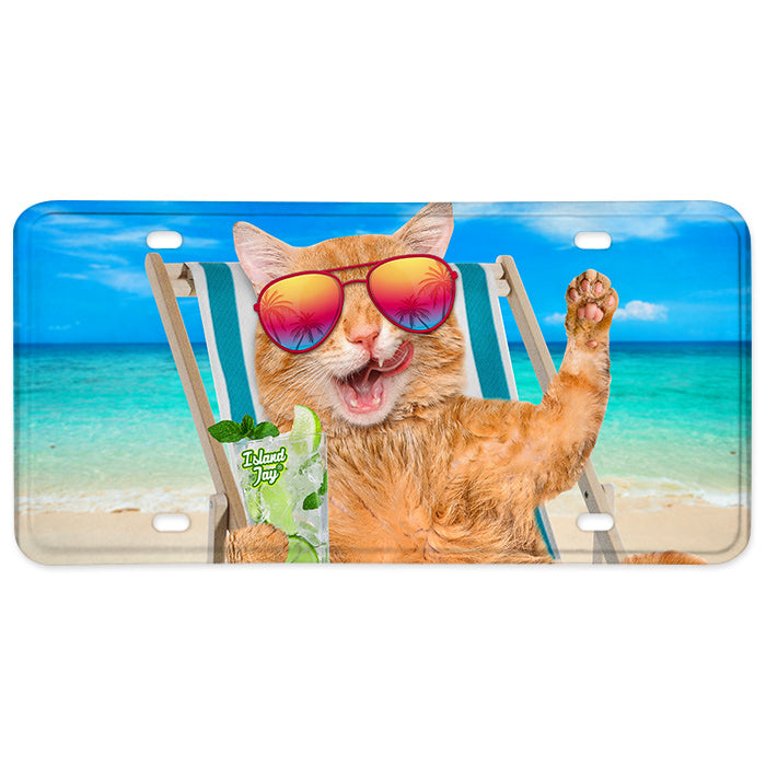 Cat With Drink Metal License Plate