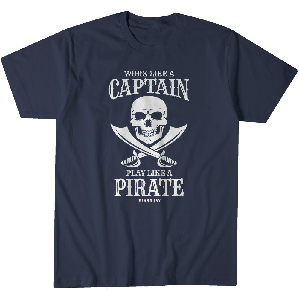 Work like a captain play like a pirate t-shirt in Navy Blue