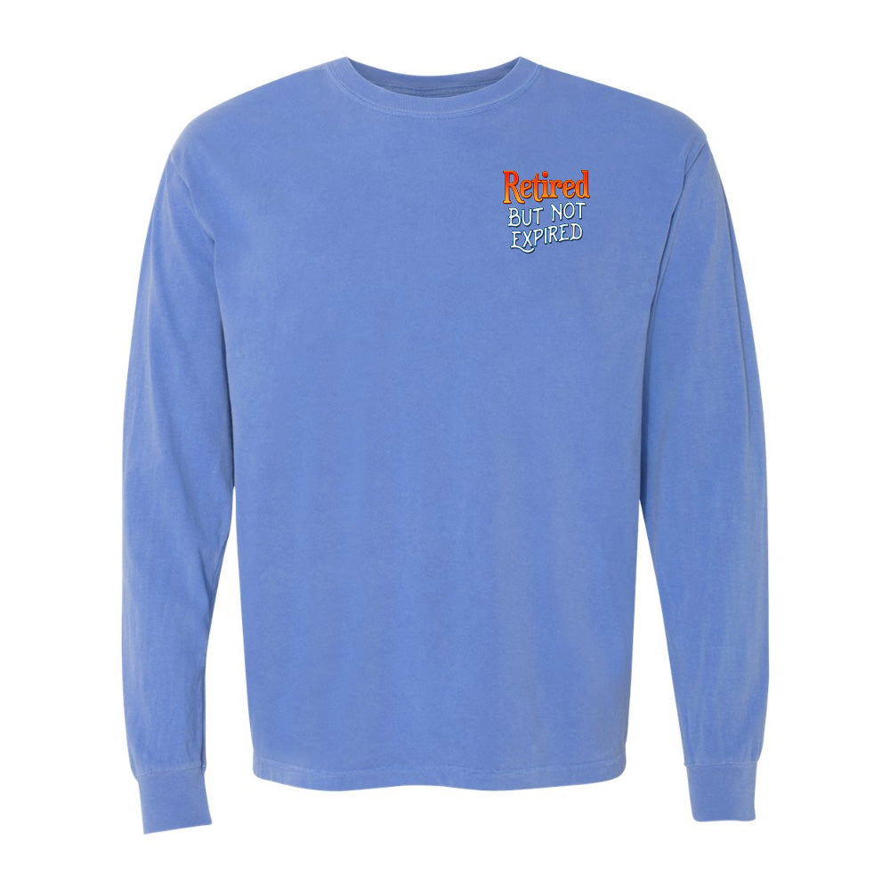 Blue long-sleeve shirt with 'Retired But Not Expired' text on a white background