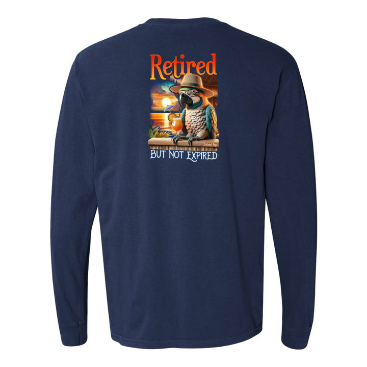 Navy blue long-sleeve shirt with a parrot graphic and text on the back, on a white background.