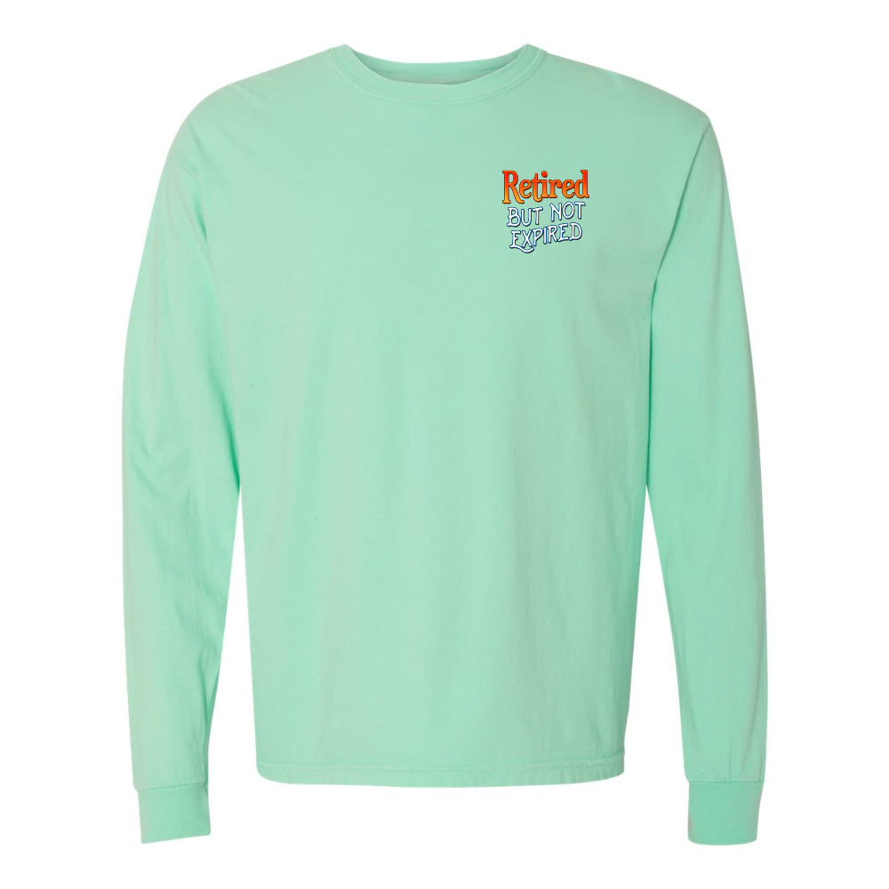 Mint green long-sleeve shirt with text on a white background