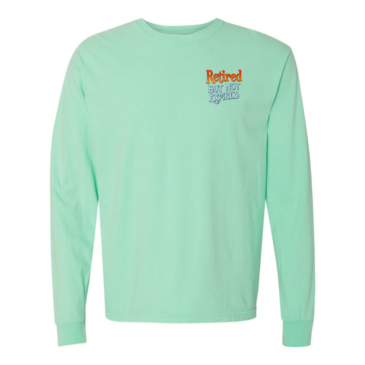 Mint green long-sleeve shirt with text on a white background