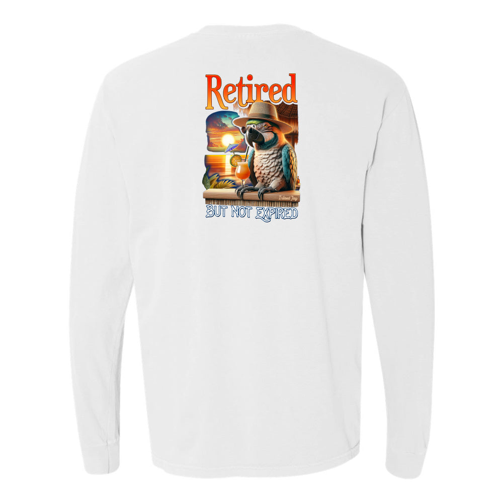 White long-sleeve shirt with a parrot graphic and 'Retired but not expired' text on a white background