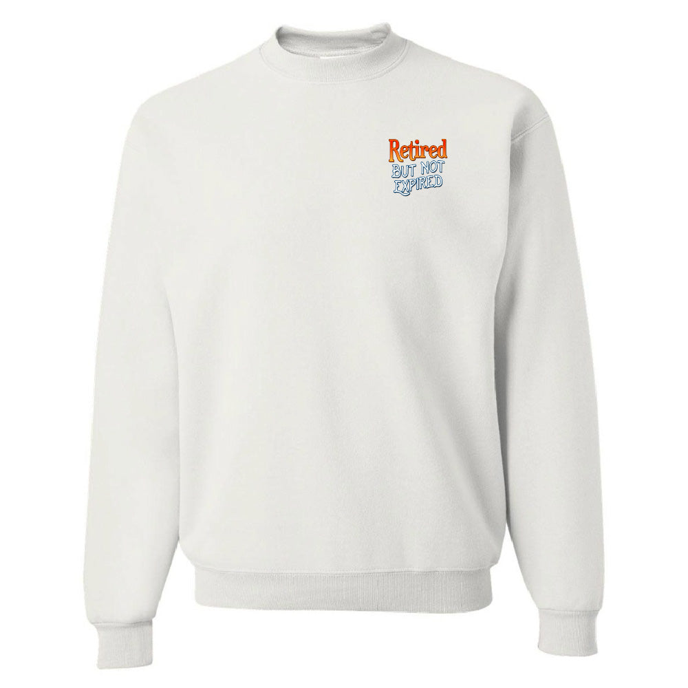 White sweatshirt with colorful text on a white background