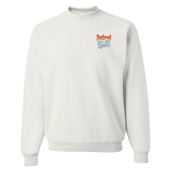 White sweatshirt with colorful text on a white background