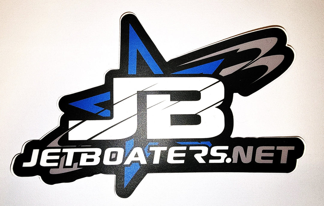 A sticker with jetboaters.net text with a blue star logo