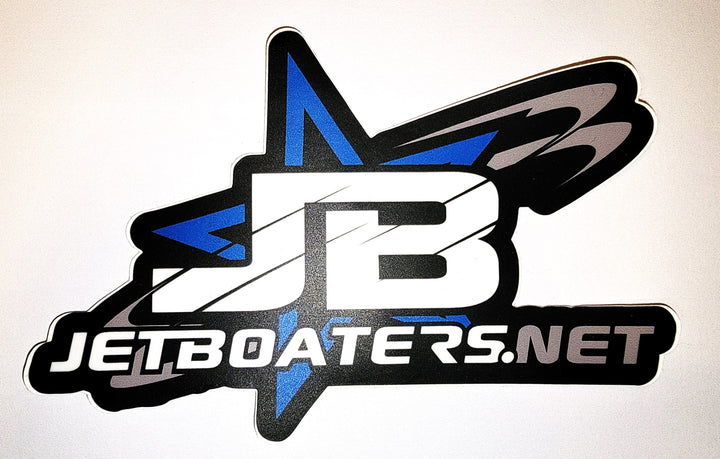 A sticker with jetboaters.net text with a blue star logo
