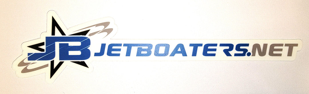 A sticker with jetboaters.net text with a blue star logo