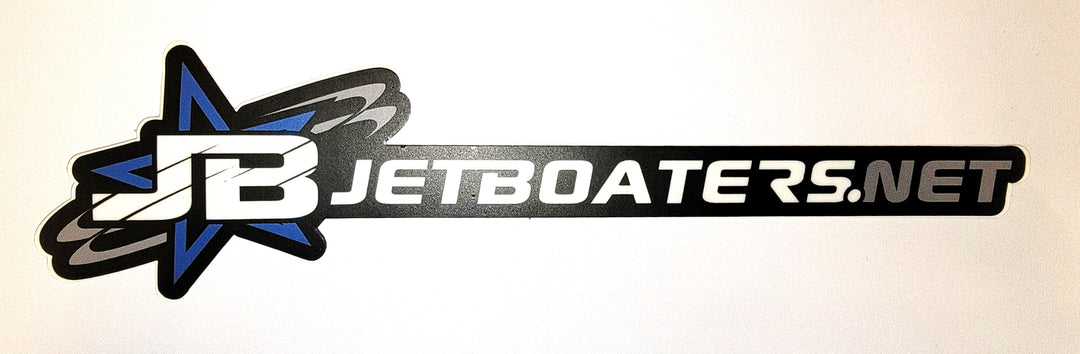 A sticker with jetboaters.net text with a red star logo