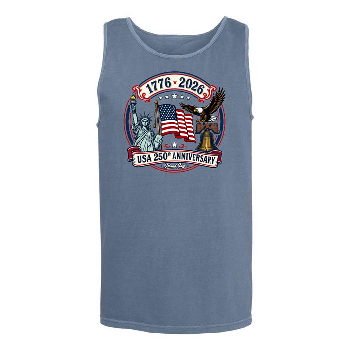 Apparel with USA 250th Anniversary design featuring the Statue of Liberty, American flag, liberty bell and eagle.