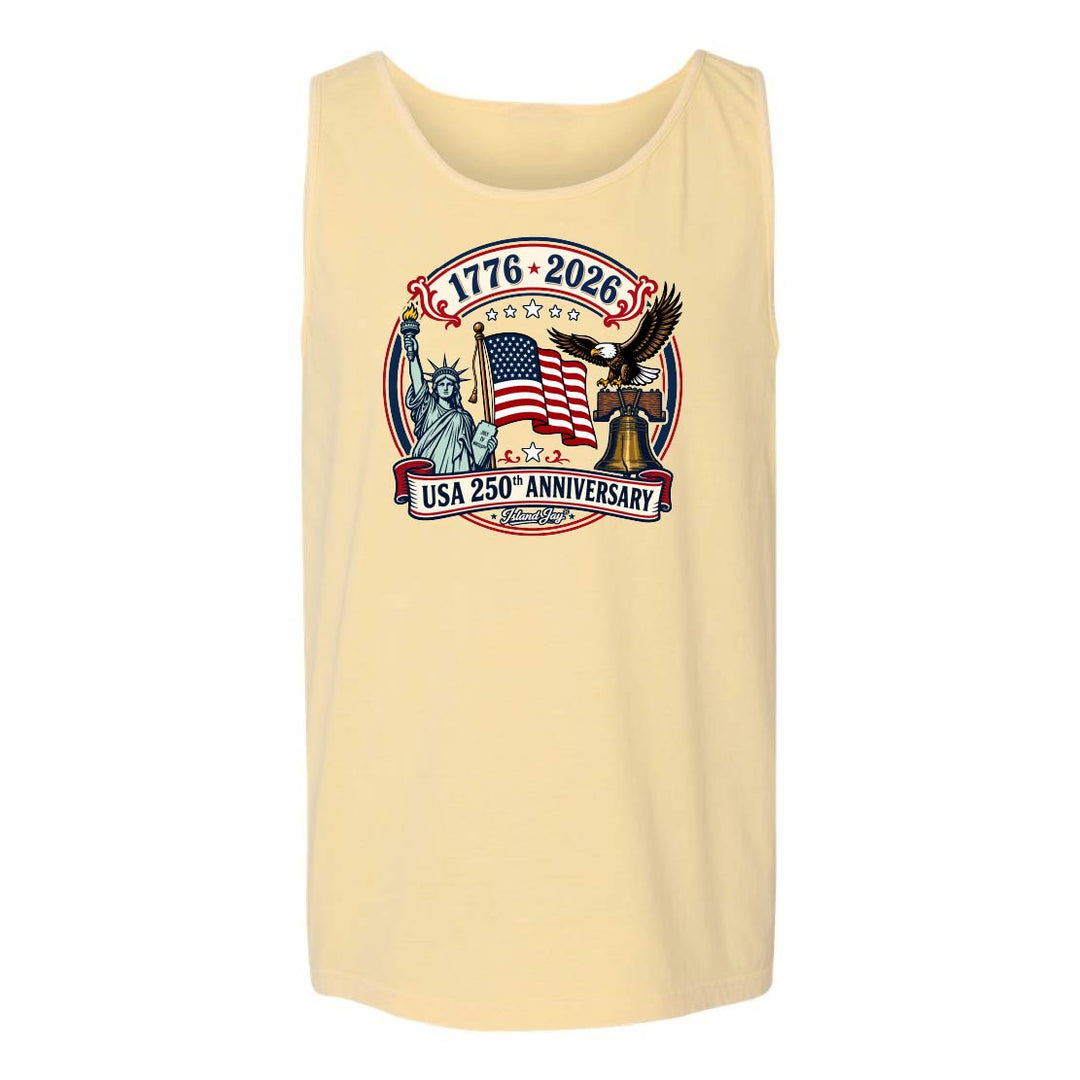 Apparel with USA 250th Anniversary design featuring the Statue of Liberty, American flag, liberty bell and eagle.
