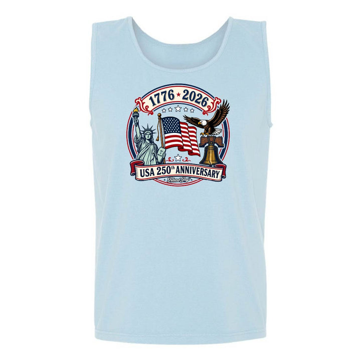 Apparel with USA 250th Anniversary design featuring the Statue of Liberty, American flag, liberty bell and eagle.
