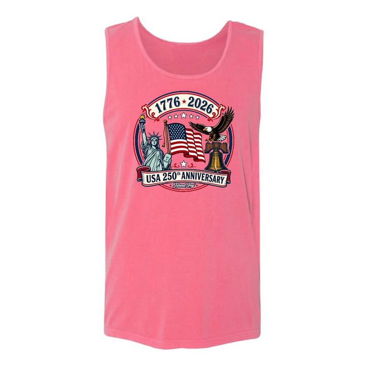 Apparel with USA 250th Anniversary design featuring the Statue of Liberty, American flag, liberty bell and eagle.