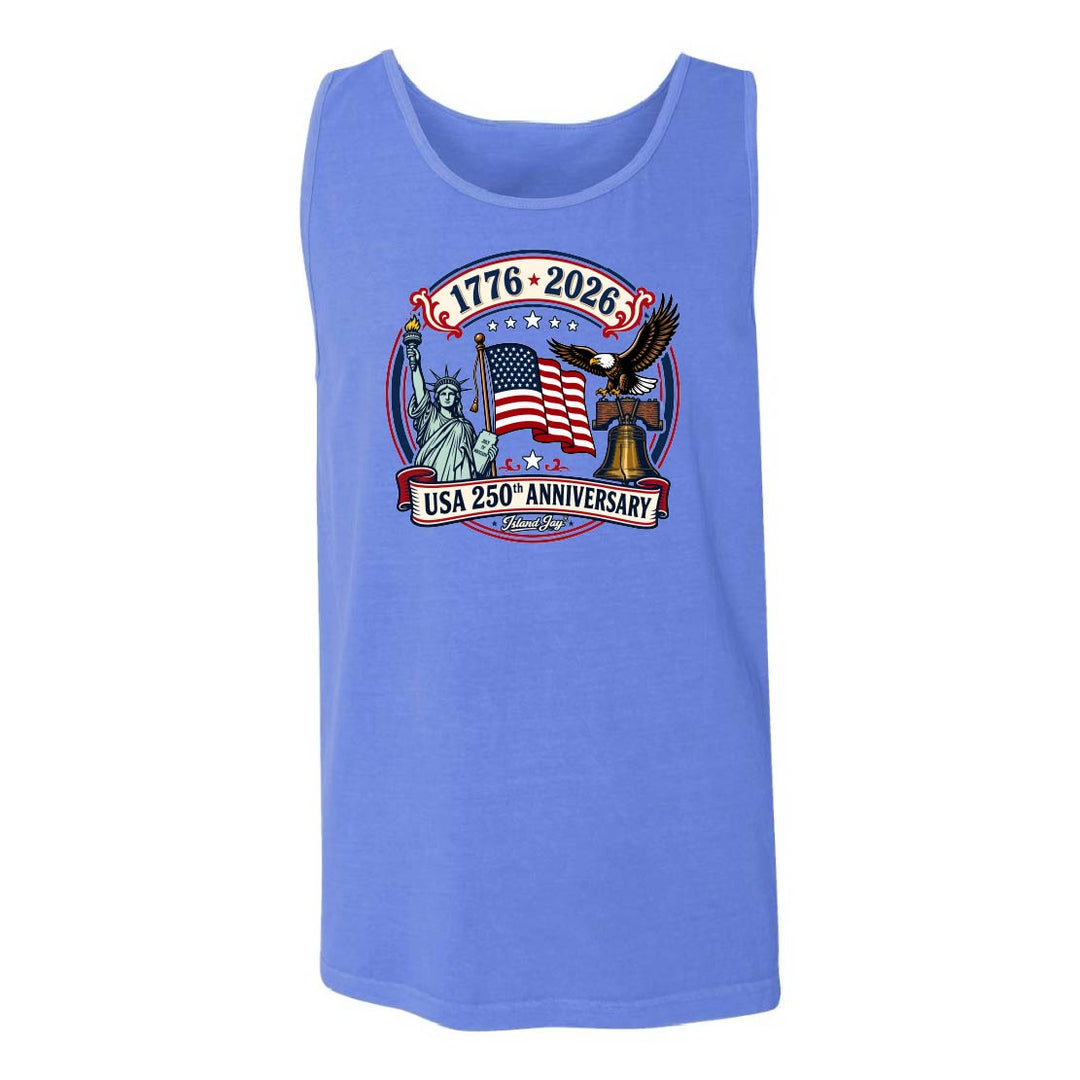 Apparel with USA 250th Anniversary design featuring the Statue of Liberty, American flag, liberty bell and eagle.