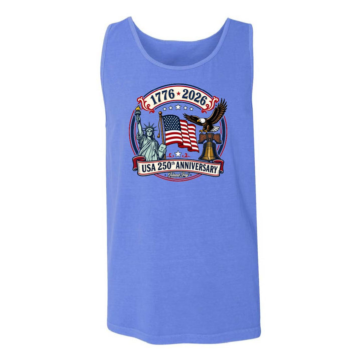 Apparel with USA 250th Anniversary design featuring the Statue of Liberty, American flag, liberty bell and eagle.